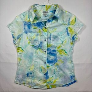 TRAMP Floral Button Down Short Sleeve Shirt Blue Green Women's Medium